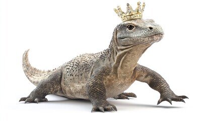 Obraz premium Komodo dragon king, studio shot, white background, royalty concept, ideal for children's books