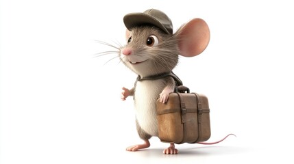 Cute cartoon mouse traveling with suitcase
