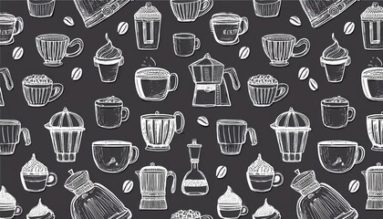 Hand drawn seamless pattern of different types coffee cup, mug, pot, coffee machine. Doodle sketch style. Isolated perfect any project for coffee shop, cafe wallpaper, background, textile design.