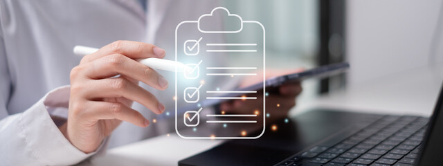 Professional doctor holding checklist clipboard document health care medicals medicine report concept