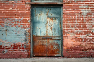 Photo of Red brick wall with old rustic weathered door in european city. Texture for background usage