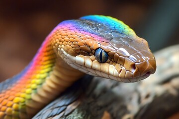 Fototapeta premium Close up of a snake with vibrant rainbow colored skin resting on a branch, showcasing the beauty and diversity of wildlife