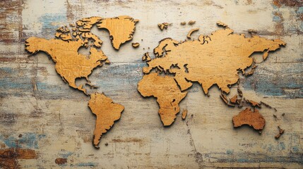 Wooden world map on textured wall