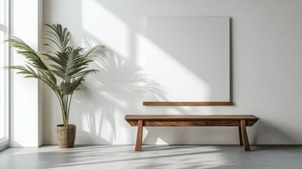Modern room, blank canvas, wooden bench, sunlight, plant