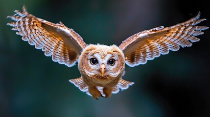 Fototapeta premium Tawny owl flying directly towards the camera with wings spread wide in a dark forest.