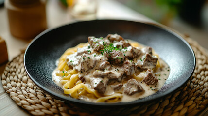 Creamy beef stroganoff pasta garnished with parsley on a plate.