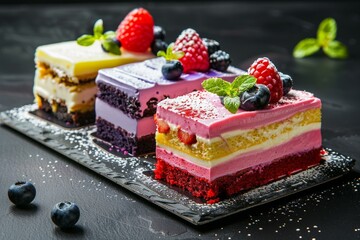 Colorful layered cake slices with fresh fruit garnish. AI generated