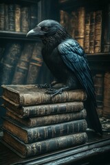 Fototapeta premium Raven perched atop antique books in library.