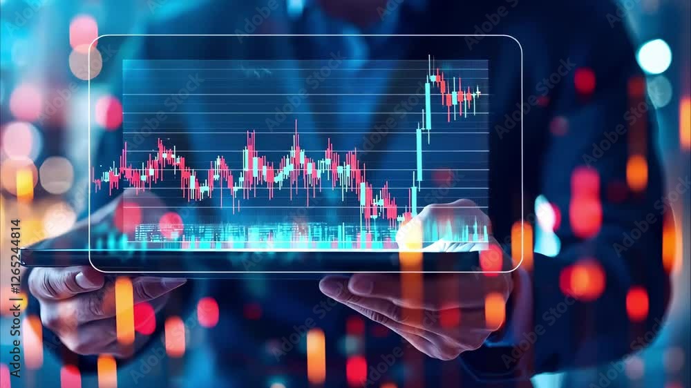 Aufkleber a person holding a tablet displaying a digital stock market chart with fluctuating data and bright g