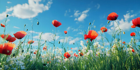 Field of Red Poppies Under a Blue Sky, ai  generated.