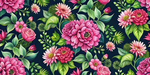 Vibrant Floral Pattern - Pink & Green on Dark