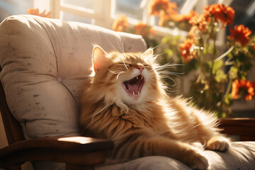 Fluffy ginger cat yawning, lying in a soft chair in the rays of sunlight