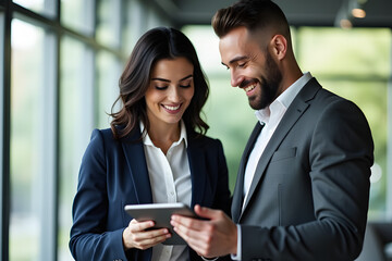 Two professionals, candid conversation between a man and a woman in a modern office setting, showcasing a contemporary and open work environment.
