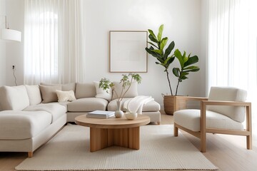 A Scandinavian-inspired living room with a neutral sectional, boucle armchairs, and a round wooden table. Light oak floors, sheer curtains, and oversized plants enhance the airy, minimalist ambiance.