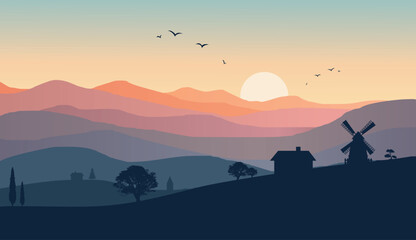 flat vector nature landscape with simple countryside silhouette and sunset