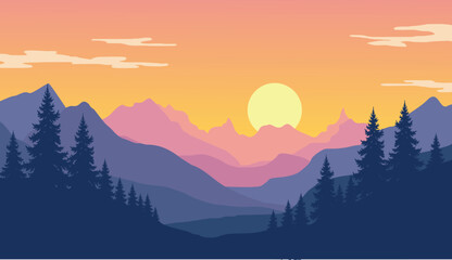 Obraz premium flat vector nature scenery with pine forest silhouette and simple sunset