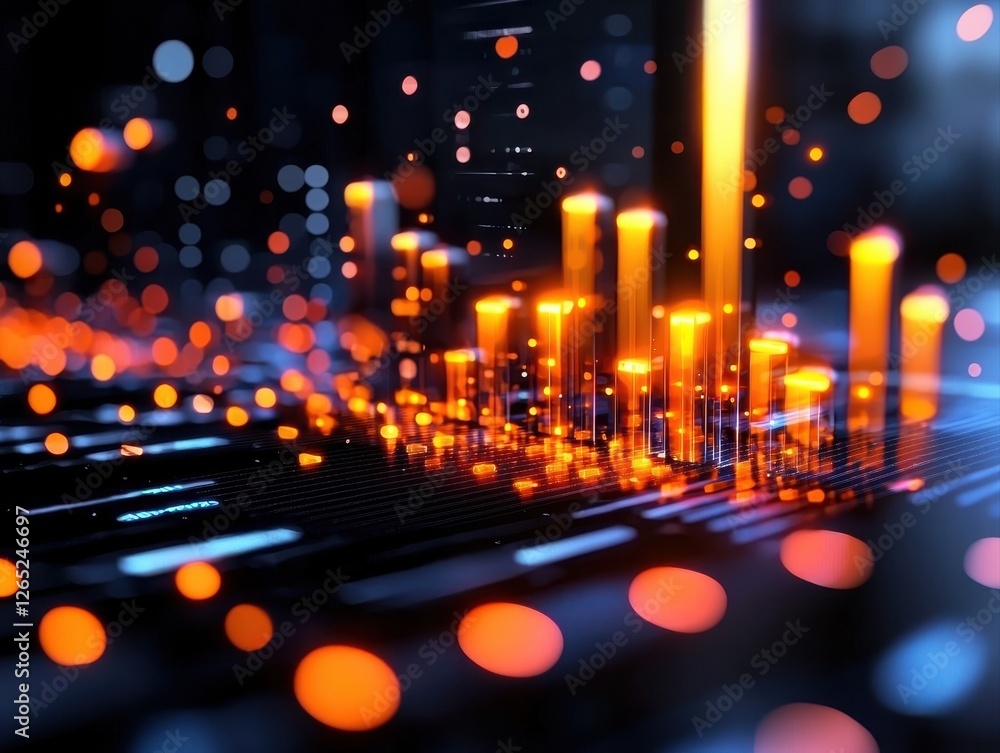 Poster a vibrant, abstract representation of data visualization, featuring glowing bars and dots on a dark 