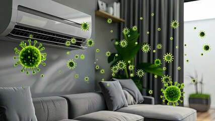 Discussing how air conditioning can affect indoor air quality and health by spreading airborne particles in a contemporary living space