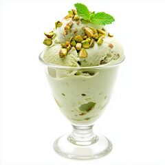 Minimalist food photography of pistachio ice cream in clear glass cup, garnished with finely chopped nuts, fresh mint. Elegant presentation emphasizing smooth, creamy texture.