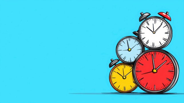 Colorful Clocks Arranged on a Bright Blue Background