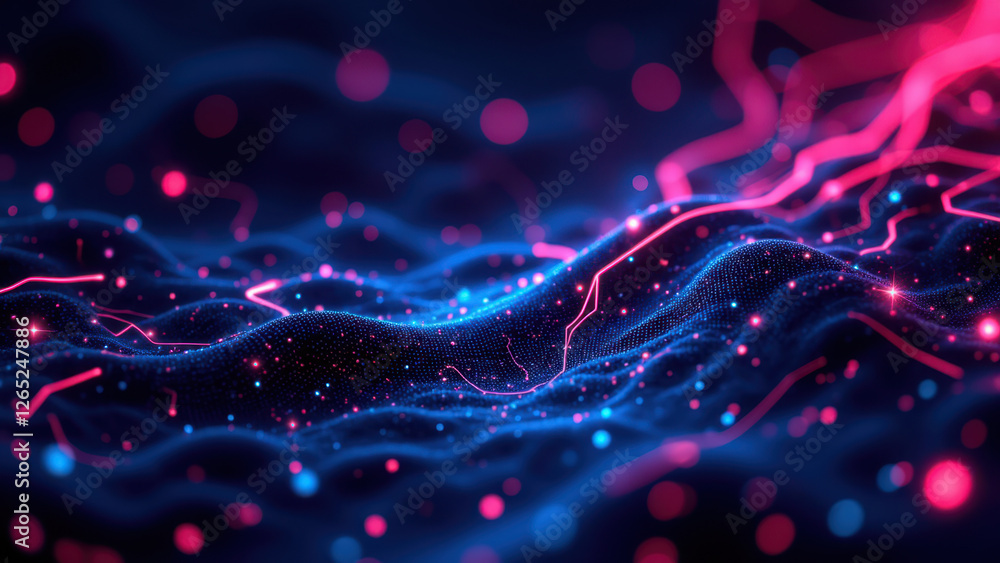 Aufkleber a vibrant digital interface with a network of pink and blue nodes flowing like water or energy, symb