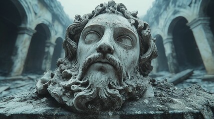 Weathered stone bust, ancient ruin backdrop, somber mood.