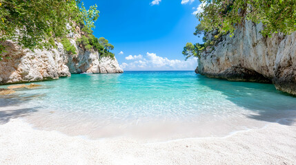 Secluded cove, turquoise water, white sand beach, summer day, travel postcard