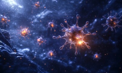 Conceptual depiction of immune cells releasing cytokines and antibodies to combat viral infections, showcasing immune defense mechanisms. Immunology, Generative AI