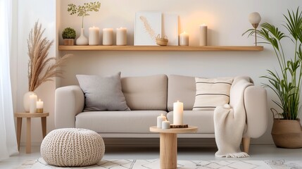 A hygge-inspired retreat with a cozy taupe sofa, knitted throws, candlelit shelves, and ambient lighting. Wooden furniture and nature-inspired decor enhance the comforting, tranquil feel.