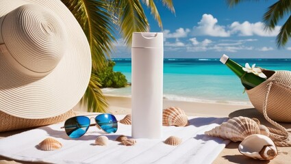 sunscreen advertisement, sunscreen products, summer, sun glasses on the beach, suntan lotion on the beach, summer vacation on the beach