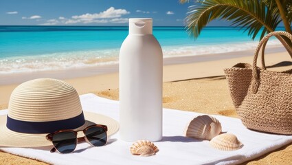 sunscreen advertisement, sunscreen products, summer, sun glasses on the beach, suntan lotion on the beach, summer vacation on the beach