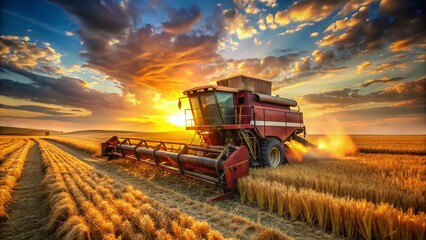 Fototapeta premium Vintage Combine Harvester Harvesting Wheat Field, Rural Landscape Photography