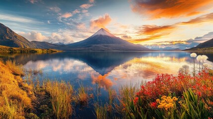 Majestic Volcano Sunset Reflection on Serene Lake