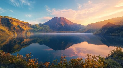 Fototapeta premium Serene Volcanic Lake at Sunrise: A Breathtaking Panorama