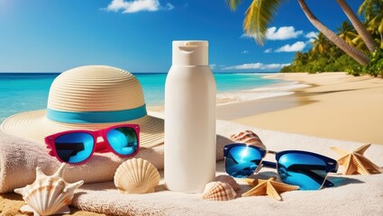 sunscreen advertisement, sunscreen products, summer, sun glasses on the beach, suntan lotion on the beach, summer vacation on the beach