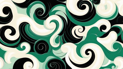 Swirling Green Black Cream Abstract Design