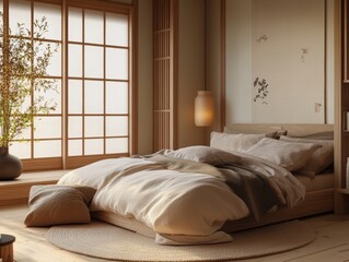 Peaceful japanese style bedroom with wooden elements and soft light