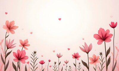 Romantic Pink Floral Border with Hearts against Pastel Background with Copy Space
