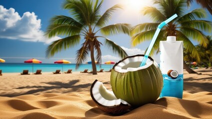 coconut on the beach, cocktail on the beach, coconut juice, summer, juice advertisement, text space