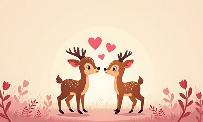 Naklejka premium Two loving deers sharing romantic moment in blooming pink meadow