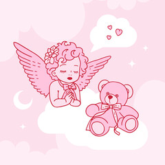 Girly angel baby girl praying on cloud with teddy bear. Coquette contour vector illustration