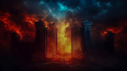 Fototapeta premium A dramatic representation of the contrasting gates of Heaven and Hell