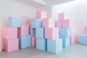 Obraz premium A room full of stacked pastel pink and blue boxes. The scene is set in an empty white space, with soft lighting creating gentle shadows on the walls and floor. 