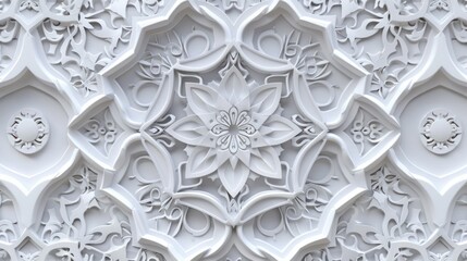 Abstract Islamic background in white, featuring seamless and intricate Arabian patterns, delicate design