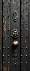 Fototapeta premium Dark wood door with ornate metal hardware