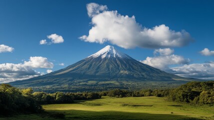 Naklejka premium Majestic Volcano under Blue Sky, Lush Field, Calming Nature Scene, Travel Poster