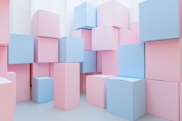 Obraz premium A room full of stacked pastel pink and blue boxes. The scene is set in an empty white space, with soft lighting creating gentle shadows on the walls and floor. 