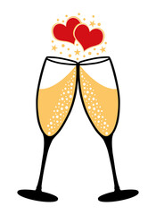 Gold and black Love Champagne toast. Hand drawn illustration icon for celebration. Valentines day icon.
