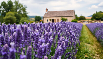 Fototapeta premium Field of Lavender with a Stone Cottage in the Distance