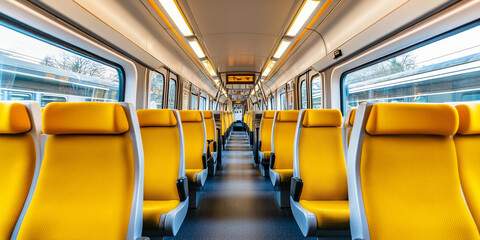 Empty train carriage with bright yellow seats during daytime